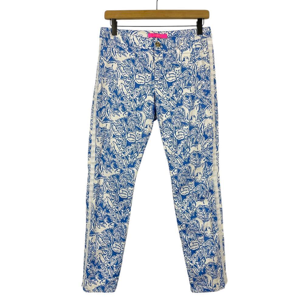 Lilly Pulitzer Kelly Skinny Ankle Pant Coastal Blue Fancy Feet Fox Print Size 6